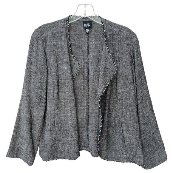 Eileen Fisher Jacket‎ Blazer Petite Medium Black Heather Linen Blend Fringe - Picture 1 of 10